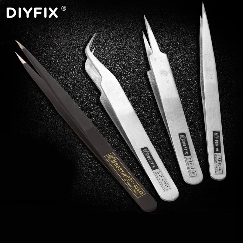 DIYFIX Anti-static Stainless Steel Tweezers Kit Eyelash For Mobile Phone Electronic Components Copper Wire Picking Repair Tool