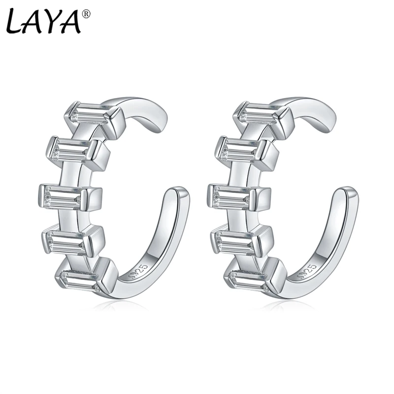 LAYA 925 Sterling Silver Brand Simple C Shape Cuff  False Perforated Cubic Zircon Earcuff Clip For Women Jewelry Accessories