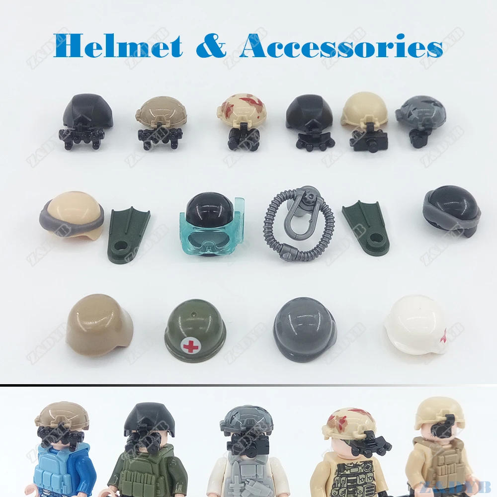 DIY Helmet Night Vision Body Armor Accessories MOC Part Mini Soldier Military WW2 Figure Model Building Block Brick Children Toy