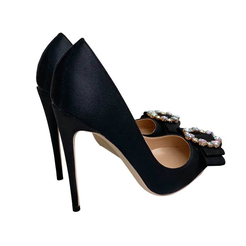 KeshangjiaMs black satin bow pointed 12 cm heel peep-toe heels party dress of Cinderella's glass slipper 33 to 45 yards