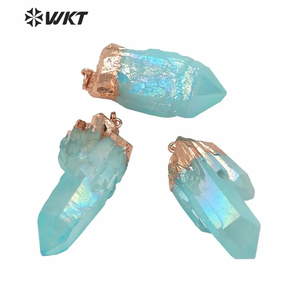 WT-P1610 Amazing New Arrival Sky Blue Stone Pendant Irregular Aura Aqua Quartz Pendant Rose Gold Eletroplted Top