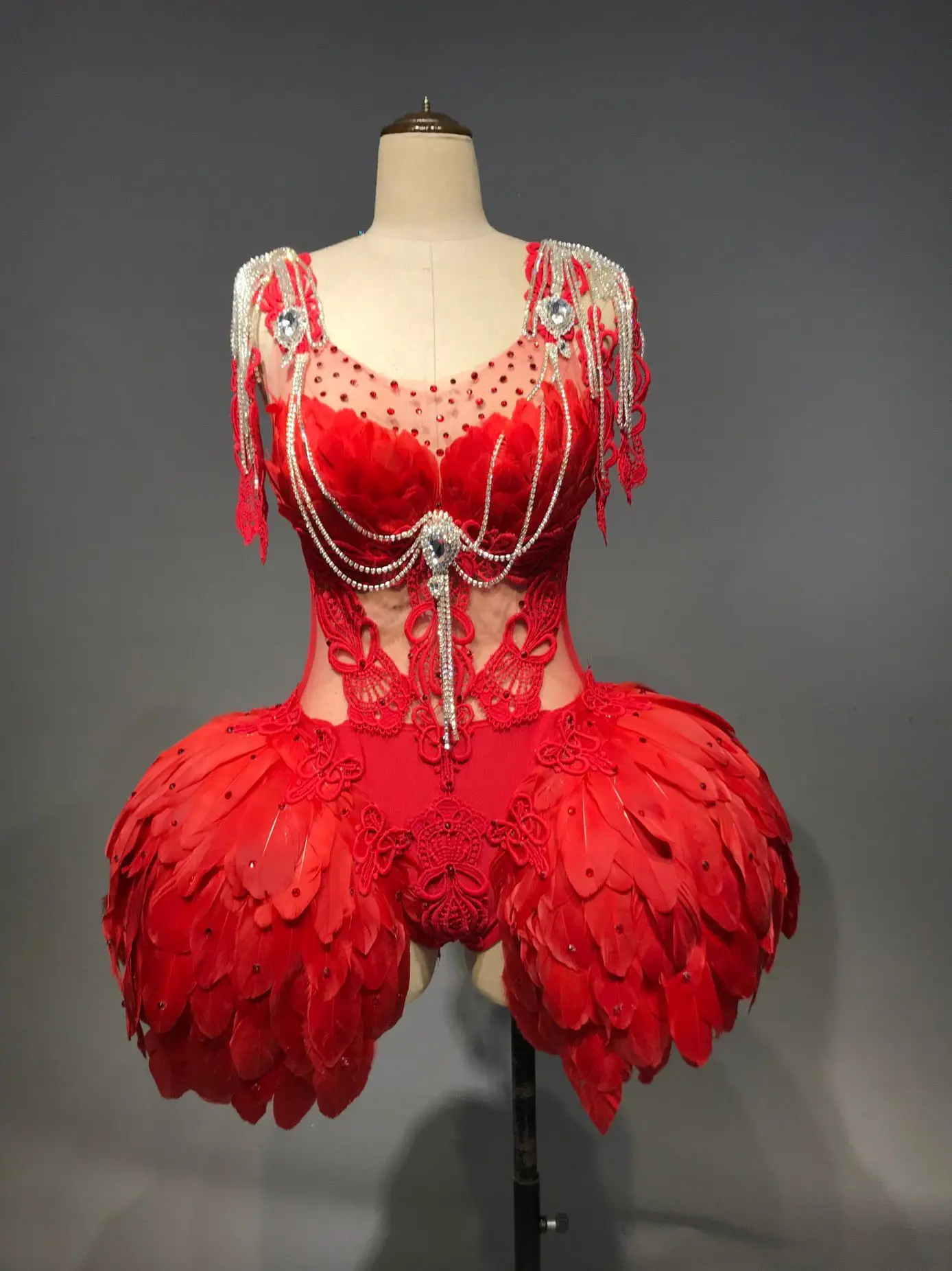 Red feather bodysuit dress Sexy women stage show see through costume gogo party outfit dj cloth