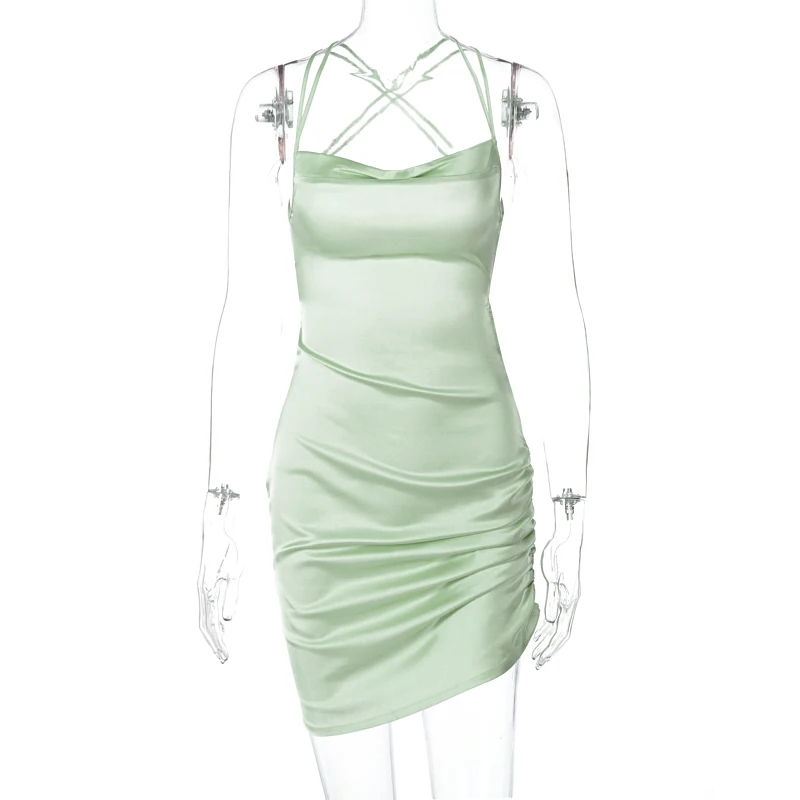 sweetener backless ruched satin mini dress in green Jewel Mini