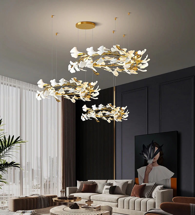 

Creative design modern chandelier for living room ceramic petals hang light fixture gold home decor led lamp dining room lustre