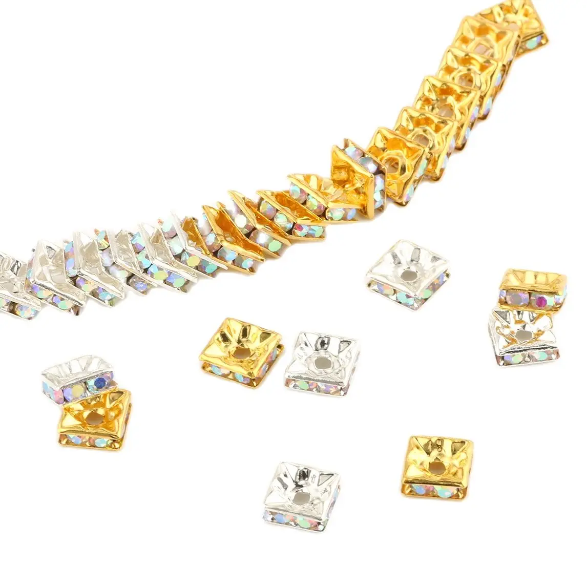 

50/100PCS 6mm 8mm AB Gold Silver Color Square Rhinestone Rondelles Crystal Spacer Beads For Jewelry Making DIY Bracelet Necklace