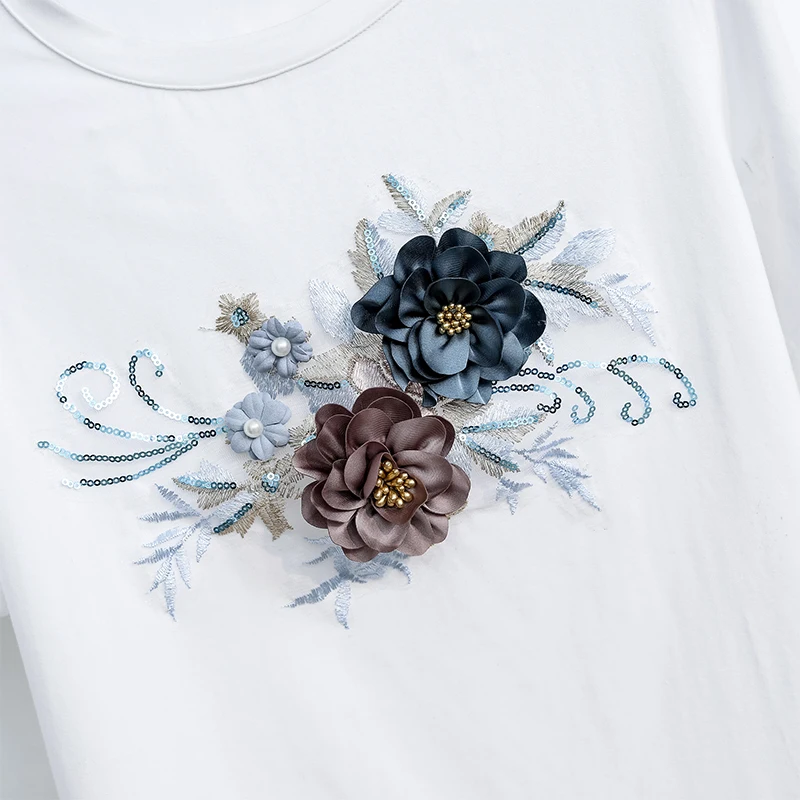 Mulheres verão 3d flores 2 peças ternos novo algodão branco tshirt topo e borla denim saia bordado conjunto de lantejoulas