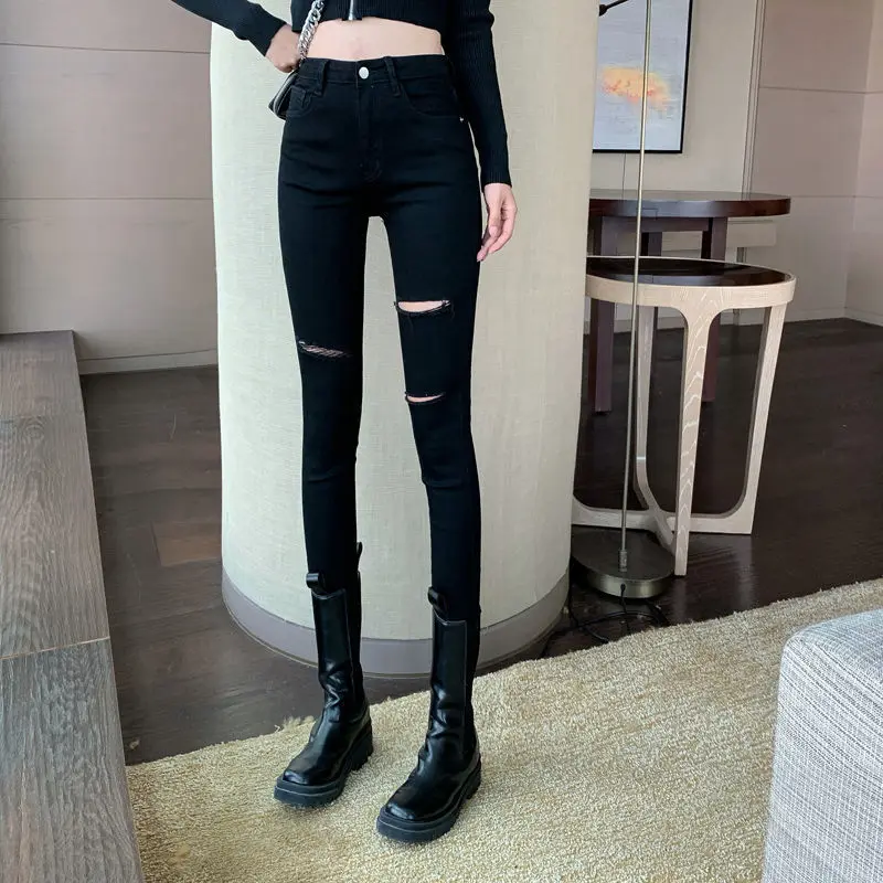 Women Black Ripped Jeans 2021Female Spring Autumn New Tight-Fitting High-Waisted Ankle JeanS Are Thin Versatile Stretch Pant A88