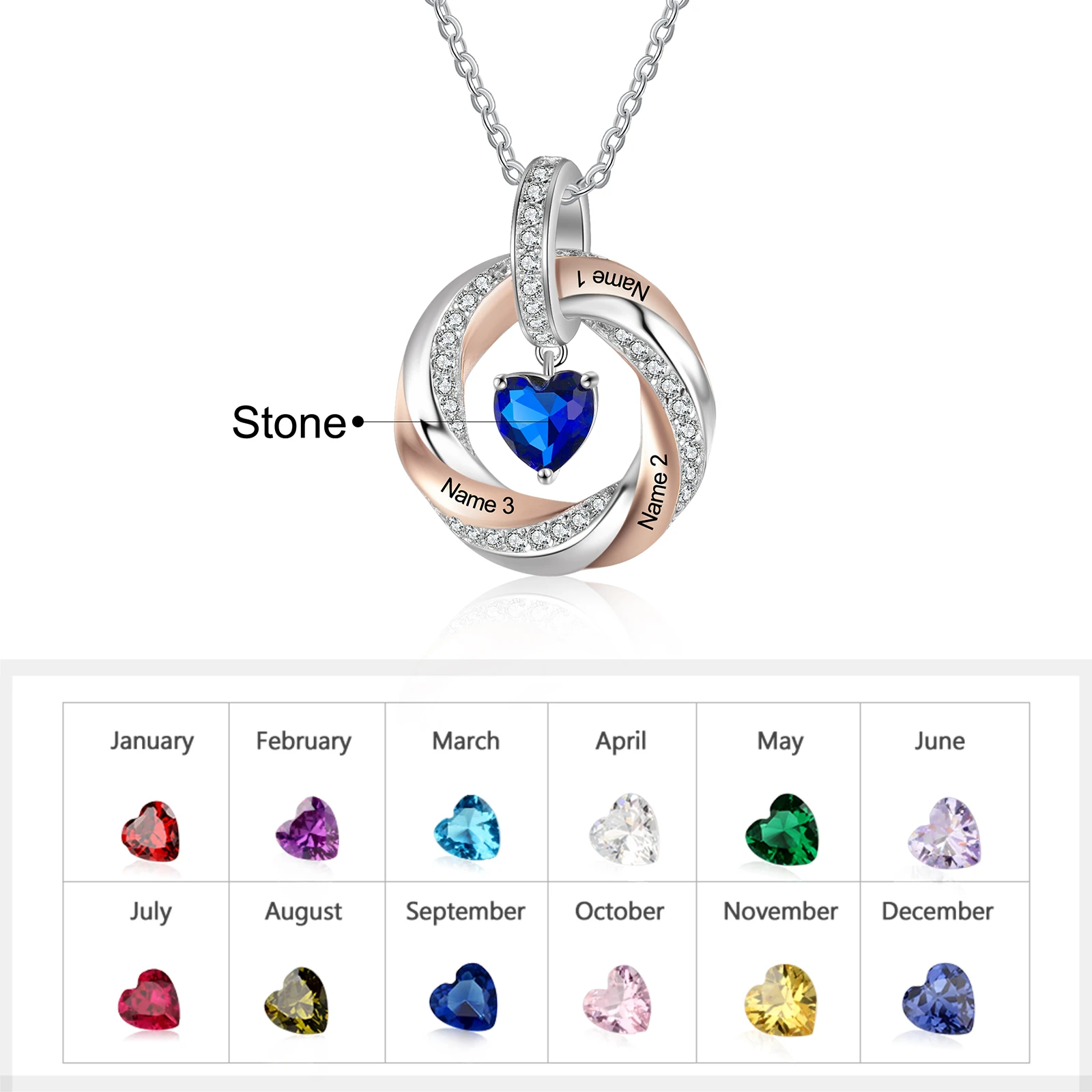 Personalized 3 Names Engraved Necklace with Heart Birthstone Romantic Mixed Color Customized Twisted Pendant Gifts for Lover