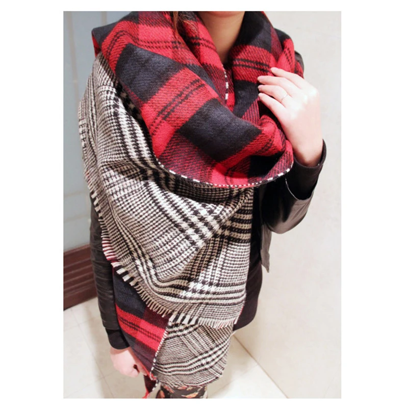 Women Red Faux Cashmere Shawl 2021 Double Faced Plaid Blanket Scarf New Winter Brand Scarf Celebrity Womens Fall Fashion Cape