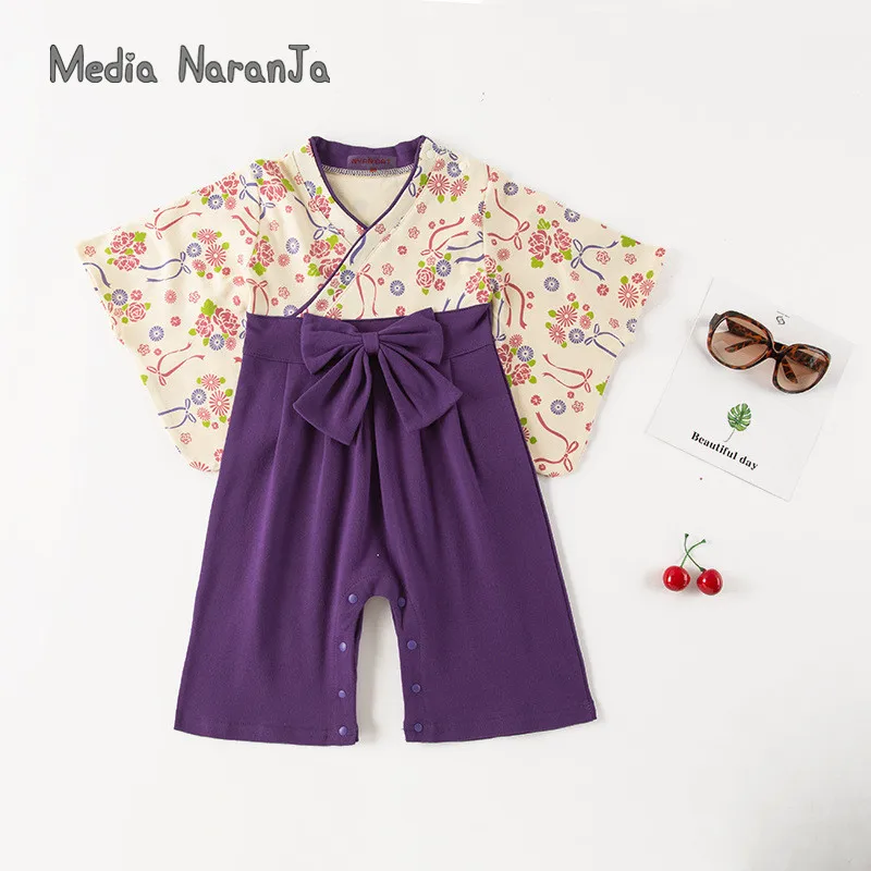 Girls' Summer Long-Sleeved Baby Jumpsuit Japanese-Style Bow Purple  Romper Crawling Clothes Printed Kimono