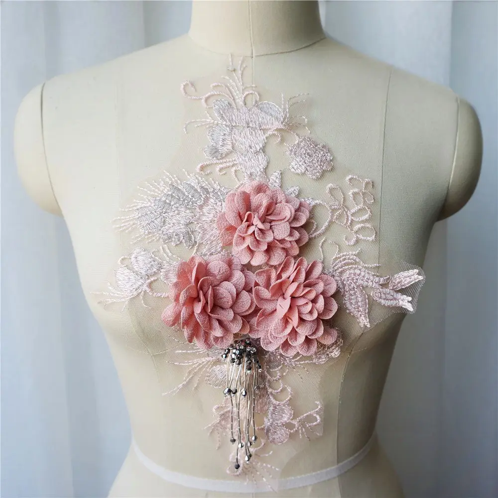 

Pink 3D Rose Flower Lace Fabric Beads Tassel Embroidered Gown Appliques Collar Mesh Sew On Patch For Wedding Decoration DIY