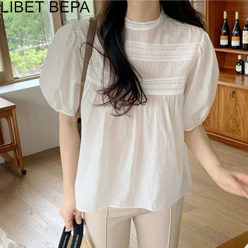 New 2022 Summer Women Blouses Fashionable Shirts Sweet Transparent Oversize Elegant Wild Korean Lady Vintage White Tops BL3392