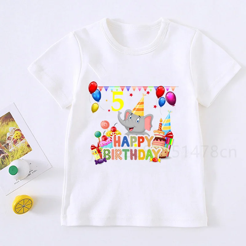 Boy1-9 Elephant Birthday Number Print T Shirt Animal Children Birthday Party Boy T-shirts Boy&Girl Funny Gift Tshirt Present