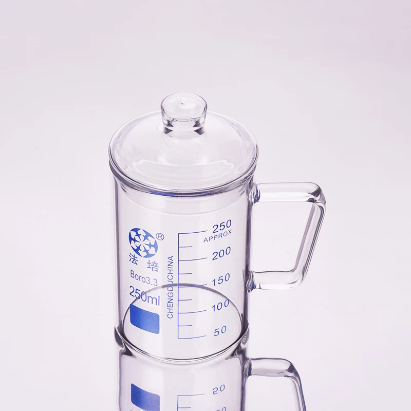 

Beaker in low form without spout,With handle,Capacity 250ml,Outer diameter=71mm,Thickness=3.3mm,Height=100mm,Laboratory beaker