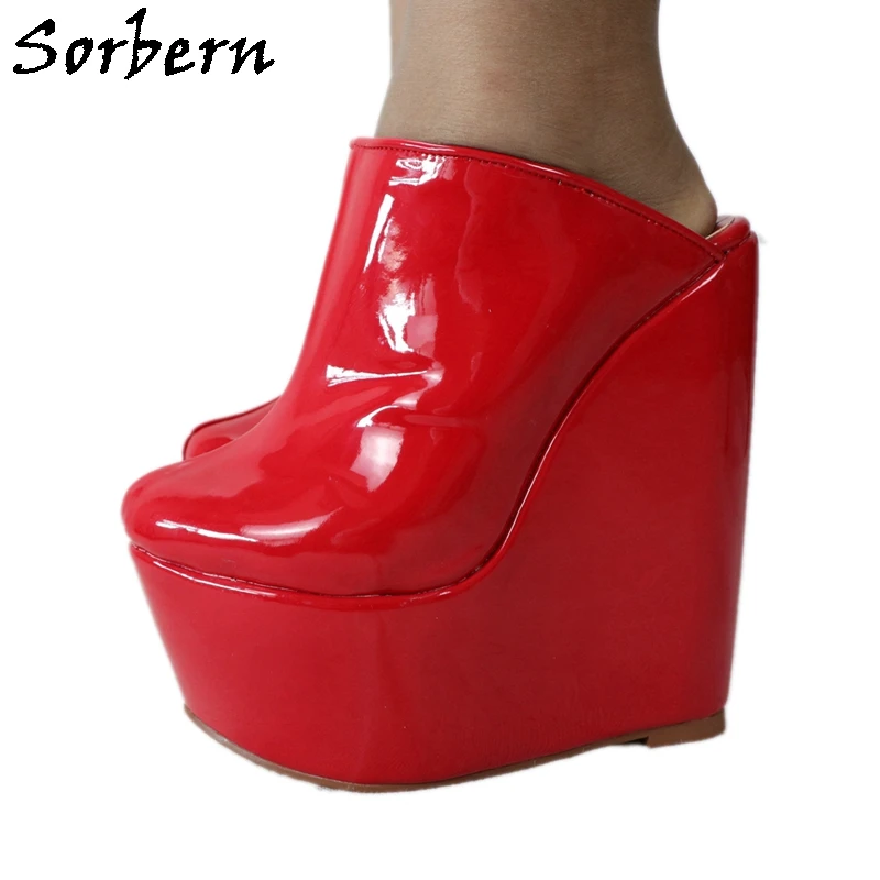 

Sorbern Red Patent Wedge Mules High Heel Pump Shoe Platform Heeled Closed Toe Women Heels Multi Colors Heel Height Plus Size 15