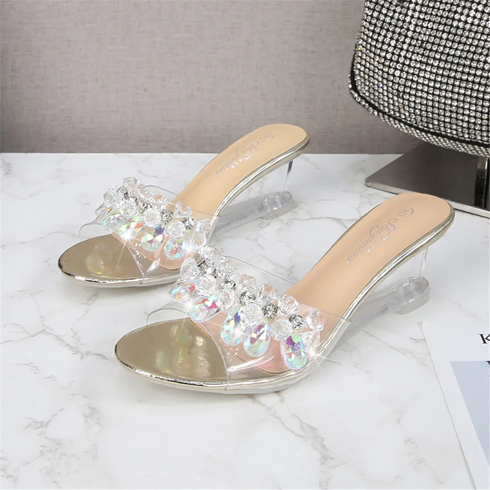 2021 Women Sexy  Clear Slippers Wedge Sandals Female Mules Crystal Transparent 6 CM High Heels Rhinestone Shoes Gold Silver Pink