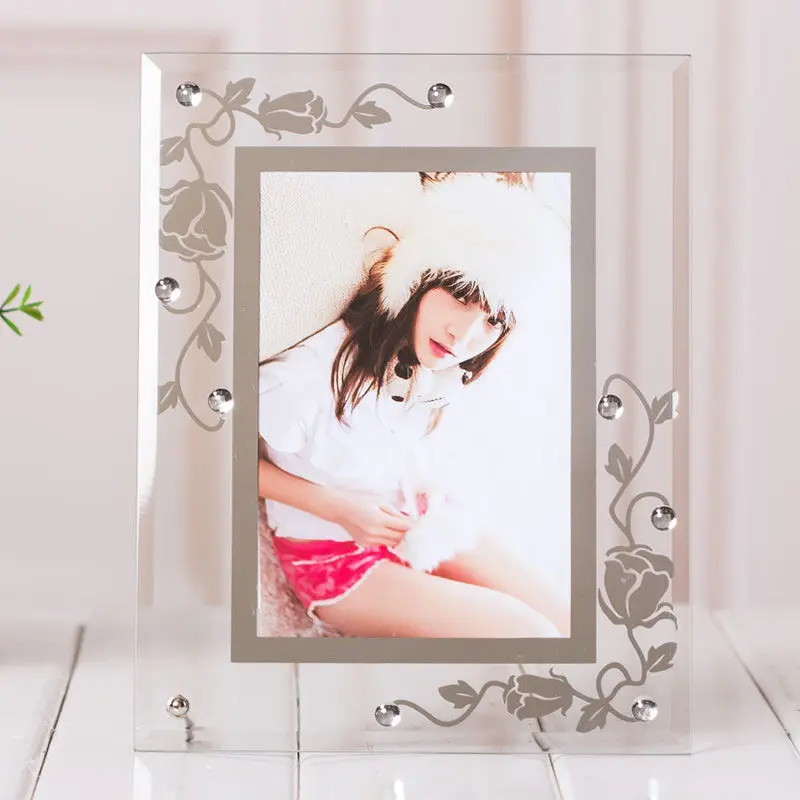 Glass Photo Frame with Rhinestone, Living Room Ornaments, Modern and Simple, 5 in, 6 in, 7 in, 8 in