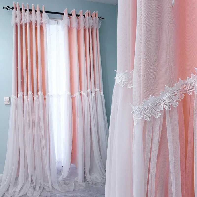 

Princess 2 Layers Pink Blackout Curtains for Living Room Korean Bling Pearls Wedding Cortinas Guaze Tulles Voile for Girls Room