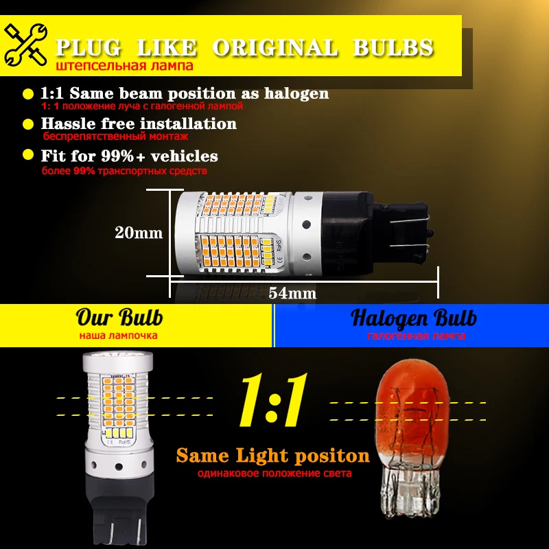 iJDM No Hyper Flash 7443 W21/5W LED For Ford Mustang Turn Signal Light/DRL Bulbs and T10 W5W LED Parking Clearance Lights 12V