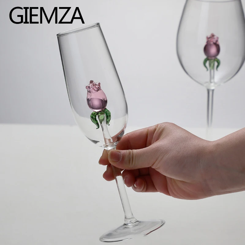 GIEMZA Rose Glasses for Champagne Wedding Drinking Glasses Goblet Glass Copones Handmade Flower Calici Vino with Engraving