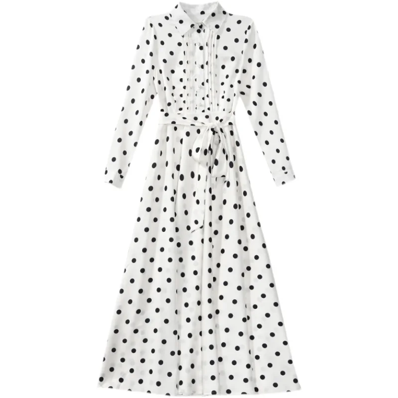 Spring Autumn Oversize Office Lady Shirt Dress Women Bodycon Party Maxi Vestido 2024 Vintage White Dot Chiffon Casual Midi Dress