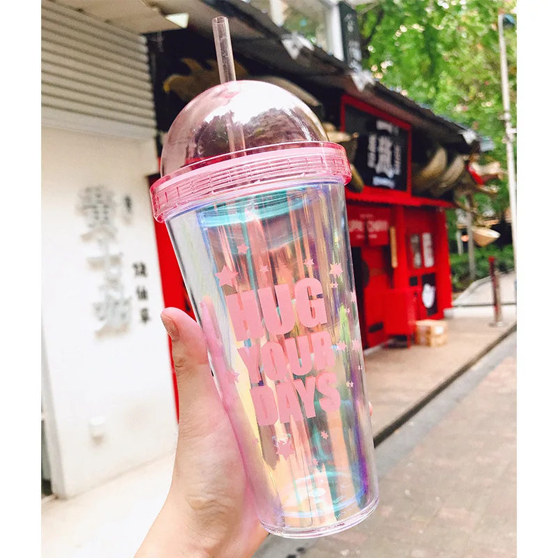 1PC 420ml Portable Hand Water Cup With Straws Double-Wall Coffee Plastic Travel Cup Pink Drinking Bottle Home Office Gifts