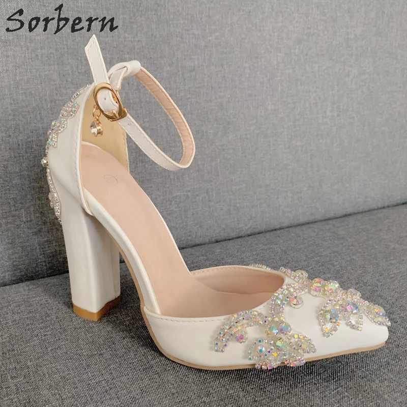 Sorbern-zapatos de tacón alto con cristales para mujer, calzado con punta puntiaguda y correa en el tobillo, tacones de dos piezas con diamantes de imitación, para novias