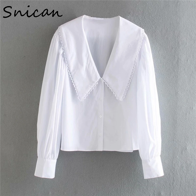 Snican-Blusa básica blanca para mujer, Camisa de algodón de manga larga con cuello peter pan, uniforme de oficina, Tops cortos Chic para otoño y