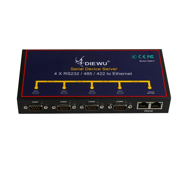 Industrial Grade Serial Server 4 port Serial RS232/485/422 Device 10/100Mbps Full Duplex /Half Duplex dual ethernet RJ45 to com