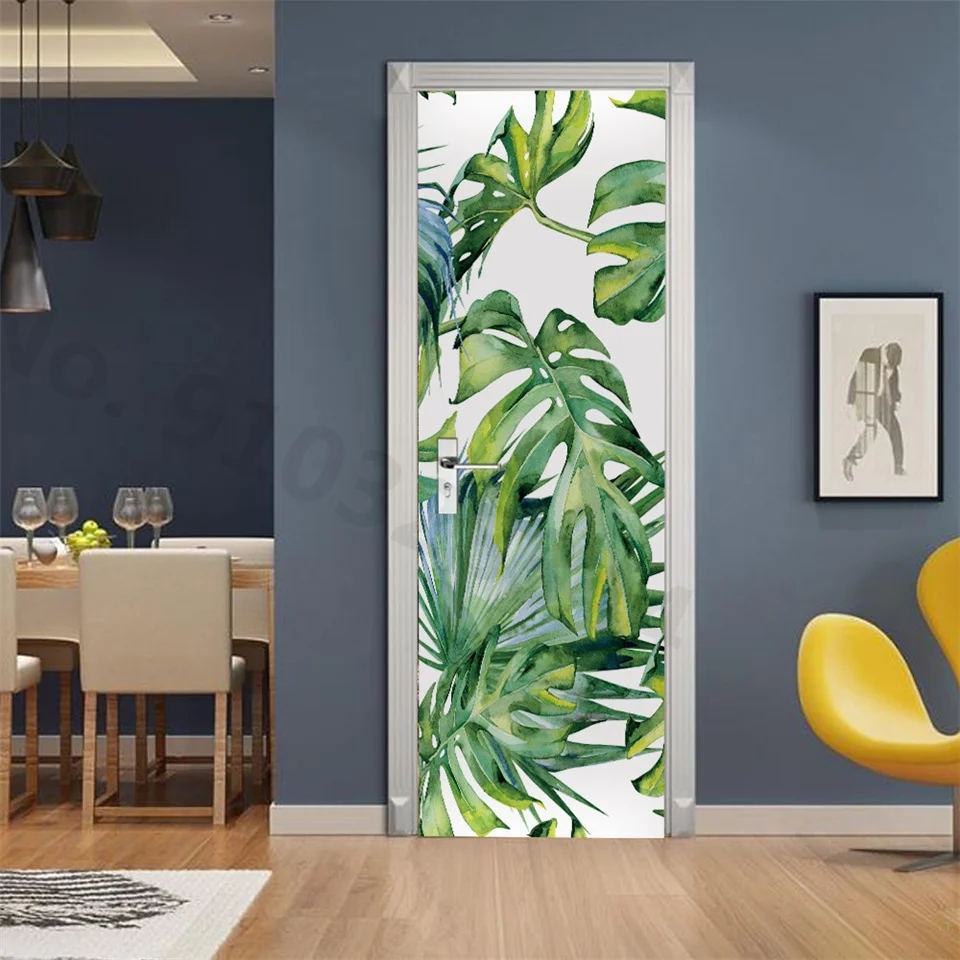Green Palm Tree Wallpaper 3D Door Sticker Porch Entrance Wall Sticker Adhesive Vinyl Poster Furniture Refurbish Decal Door Cover