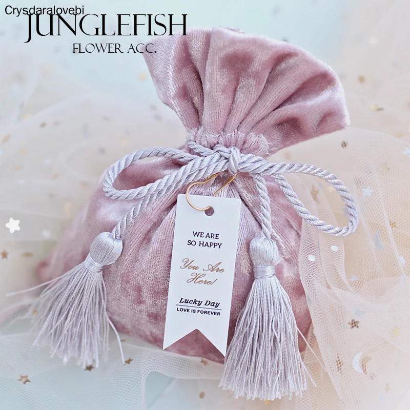20/10pcs Green Velvet Wedding Candy Boxes with String and the Cards 9.5*12cm Luxury Gift Pouches Event Party Supplies Favors Bag