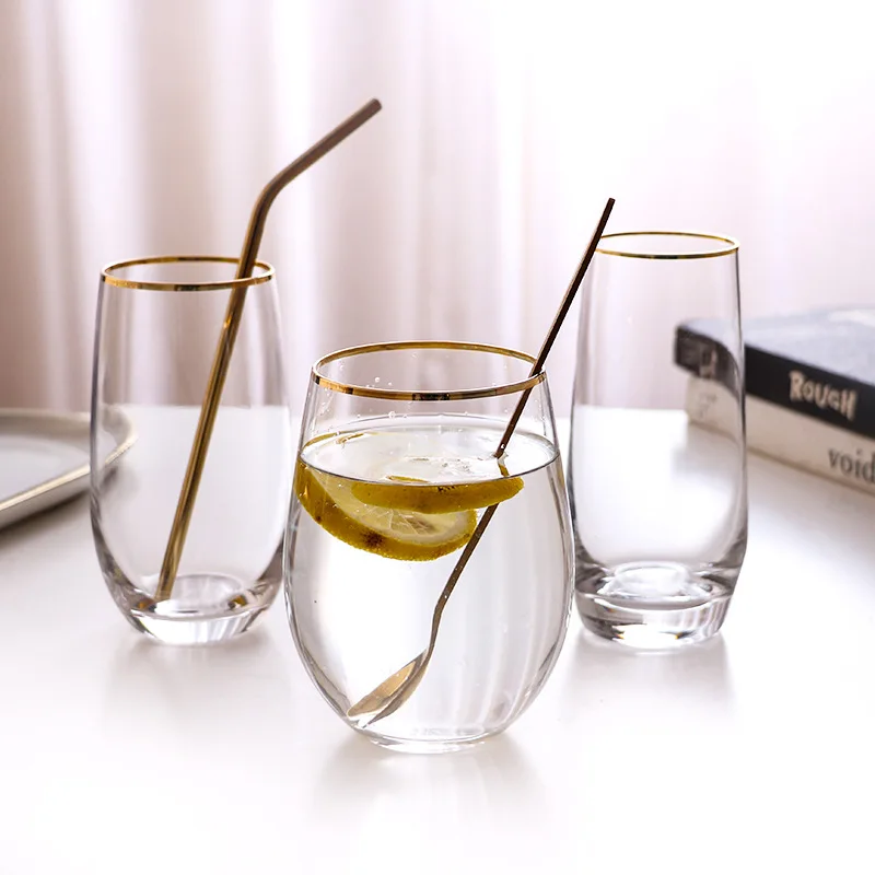 Large Clear Juice Wine Cups Transparent Wine Glass with Gold Rim Crystal Glass Lead-free Drinkware Thicken Bottom Water Cup