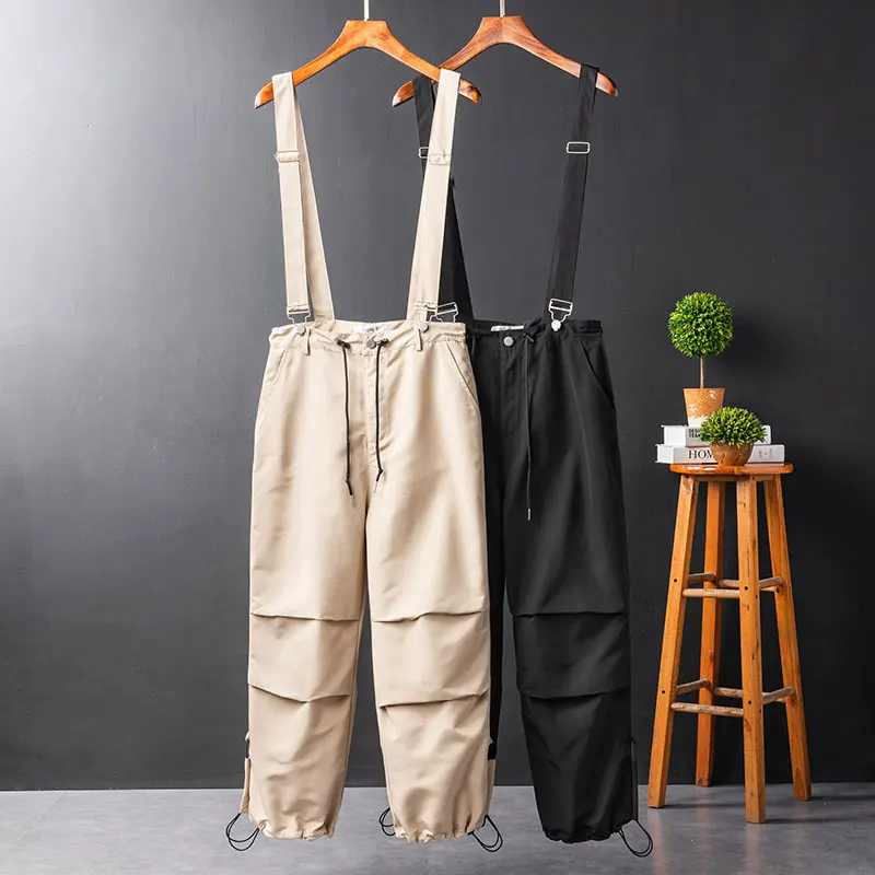 Jumpsuit Men Bib Overalls Japanese Style Cargo Pants Men Loose Beam Feet Drawstring Hip Hop Streetwear Casual Black Trousers