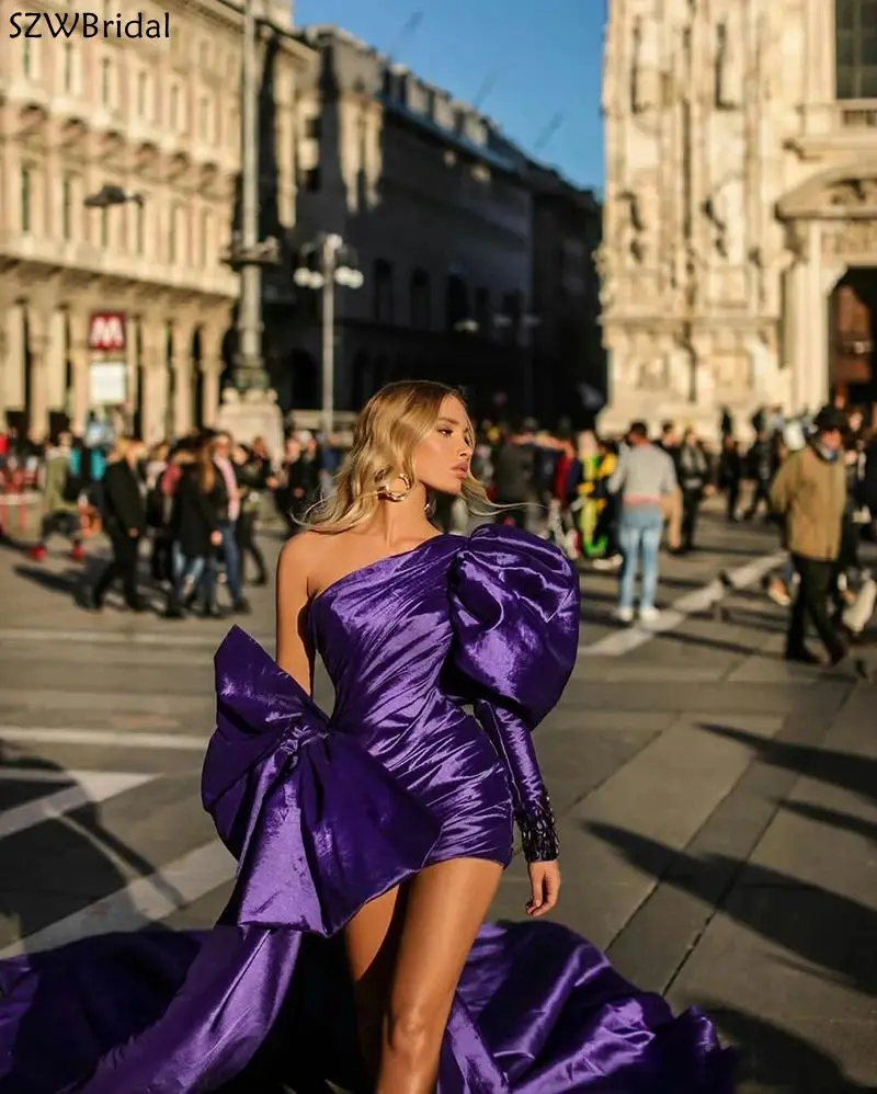 Vestido largo hecho a medida, Vestidos De Noche morados, tren desmontable, pliegues De satén, un hombro, Vestidos De fiesta De princesa, Vestidos De Noche