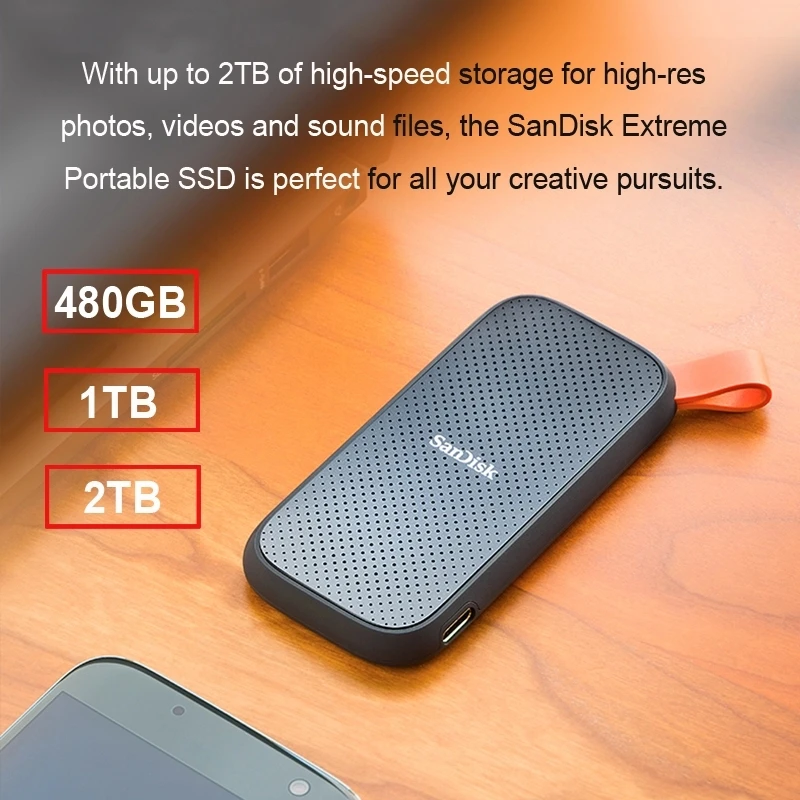 Sandisk USB 3.1 C 타입 휴대용 외장 PSSD, 480GB, 4TB 하드 드라이브, 500GB, 1TB, 2TB, 솔리드 스테이트 디스크, 2000 MB/S 휴대폰 노트북 데스크탑