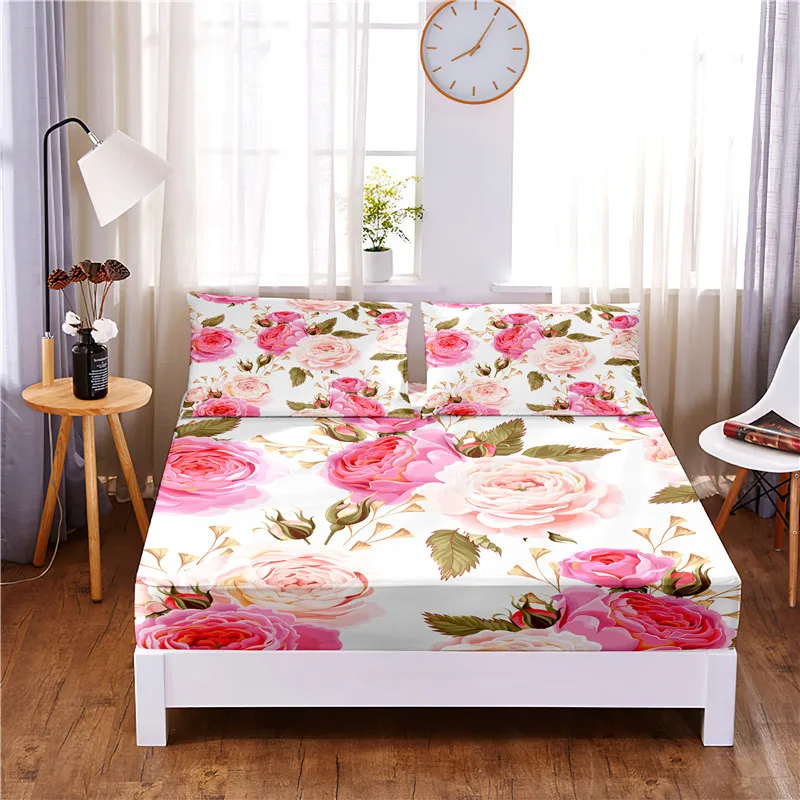 Pink Flower Digital Printed 3pc Polyester  Fitted Sheet Mattress Cover Four Corners with Elastic Band Bed Sheet Pillowcases