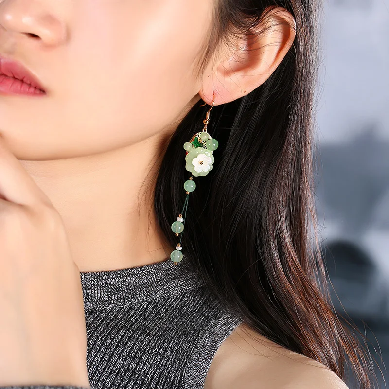 Tassel Long Drop Earrings Women Color jade 925 Silver Eardrop Ear Accessories Chinese style Dangle Vintage Ethnic Ear Clips