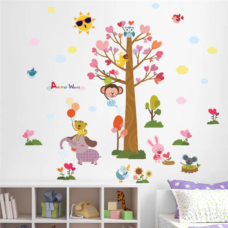 

Cartoon Animal Love Heart Tree Wall Sticker For Kindergarten Kids Room Home Decor Safari Mural Art Diy Pvc Wall Decal