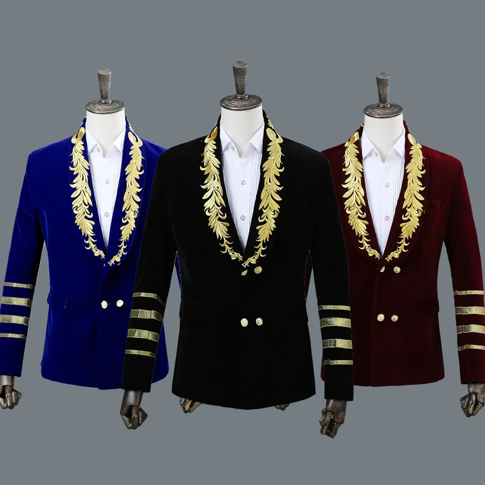 

Men Court Uniform Wine Red Blue Black Embroidery Velvet Tuxedo Blazer Singer Host Stage Costumes Male Bar Nightclub Clothes