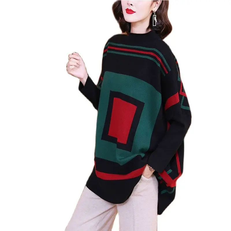 

Fashion Women's Sweaters Half High Collar Cloak Knitted Sweater Pullover 2021 New Autumn Winter Loose Soft Bottoming Shirt Femal