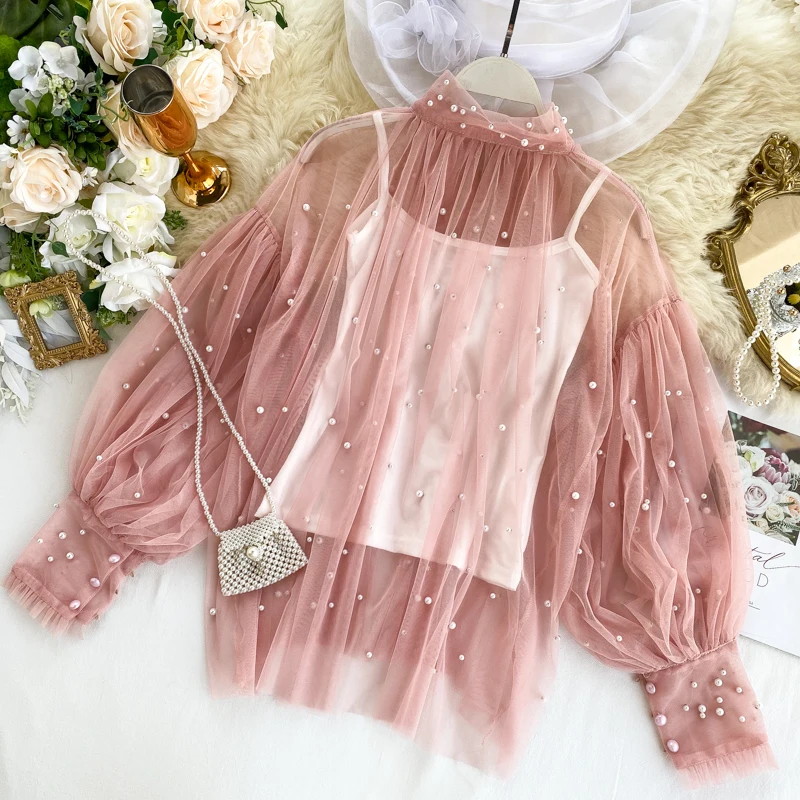 Plus Size 2019 Women Top lantern Sleeve Autumn Spring Blouse Beading Elegant Blouse Chiffon lace  Pearl Shirt