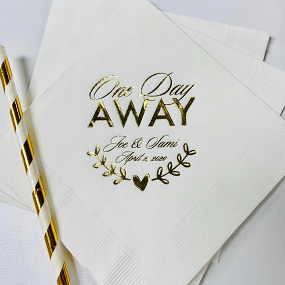 Personalized Rehearsal Napkins Custom Printed One Day Away Beverage Cocktail Luncheon Dinner Guest Towel Napkins Imprinted Foil