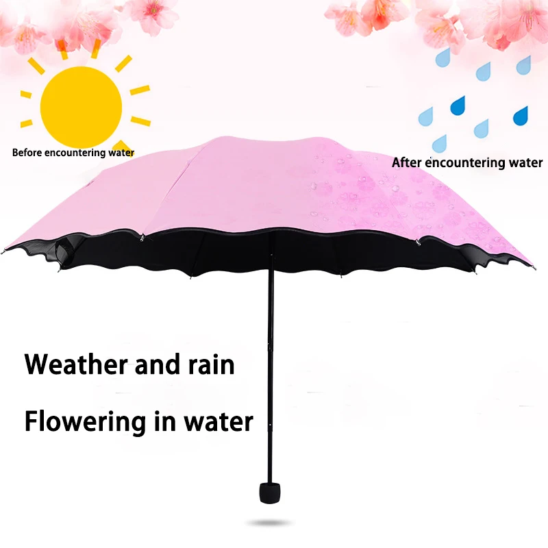 Ladies Portable Umbrellas Windproof 3-Folding Blossoms in Water Changes Color Anti-UV Sun/Rain Umbrella SNO88