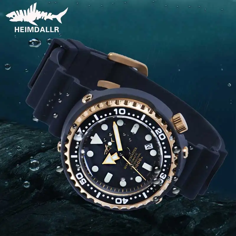 HEIMDALLR Men\'s Tuna Diving Watch 1000M Waterproof Golden Plated Black PVD Coated Case NH35A Automatic Mechanical Dive Watch