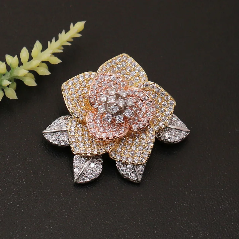 Vanifin Fashion Jewelry New Design Full Micro Flower with Leaf Brooch Pin for Wedding Party Luxury Popular Gift