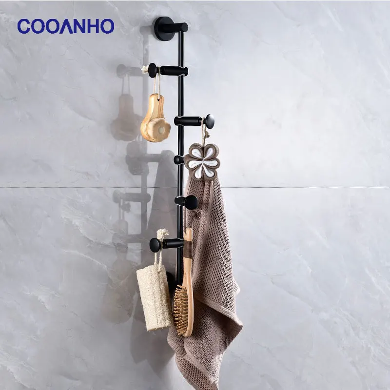 COOANHO Wall-Mounted Black Towel Hanger Can Be Adjusted Freely, With 3/4/5/6 Hooks, Solid Brass Hooks, Used For Clothes and Hats