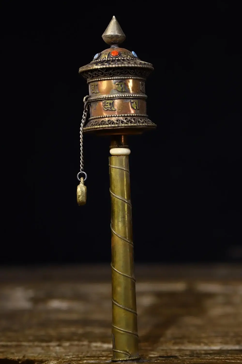 

7"Tibetan Temple Collection Old Bronze Cinnabar Six Word Proverbs Prayer Wheel Dharma Chant scriptures Worship Hall Town House