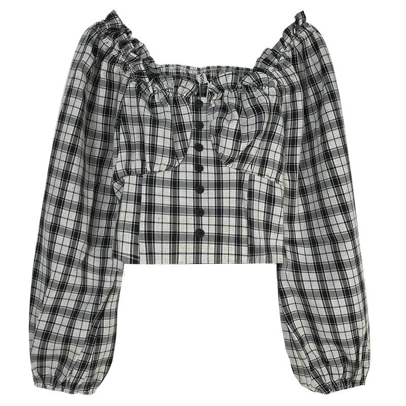 Women Long Sleeve Shirts Crop Tops Plaid Ruffles Square Collar Retro Slim Stylish Pleated Streetwear Casual Female Blouse S-5XL