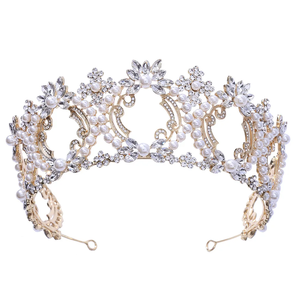 

Pearl Big Crown Bridal Wedding Headdress New Handmade Crown Full Circle Hollow Round Crown Hair Jewelry Beads Hair Accessories