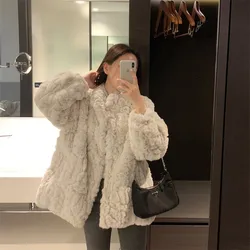 2021 New Fake Fur Imitation Rex Rabbit Fur Coat Medium Long Plush Coat Lantern Sleeve Fluffy Furry Women Loose Casual Fashion